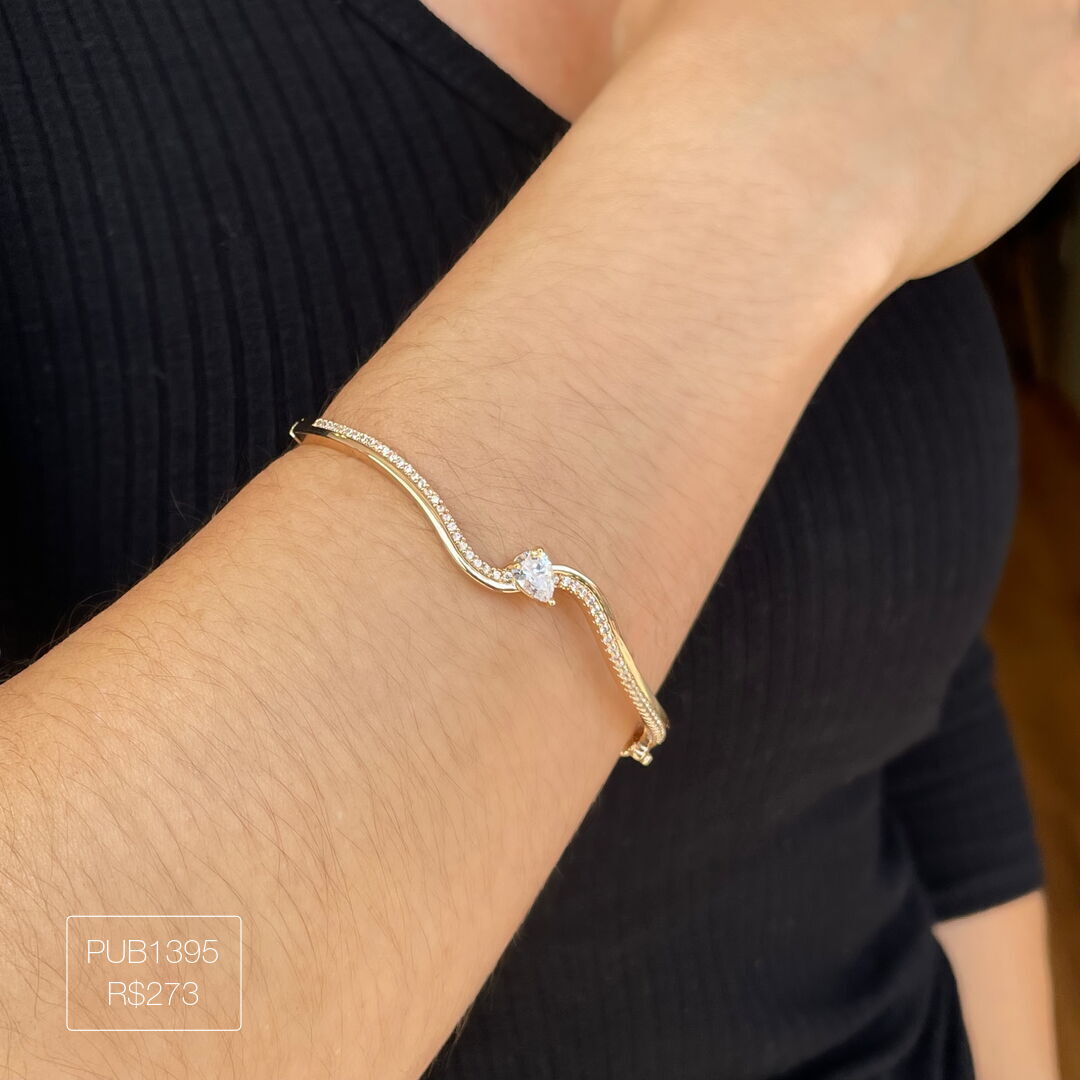 Bracelete Ondulado c/ Gota Cravejado Cristal Dourado